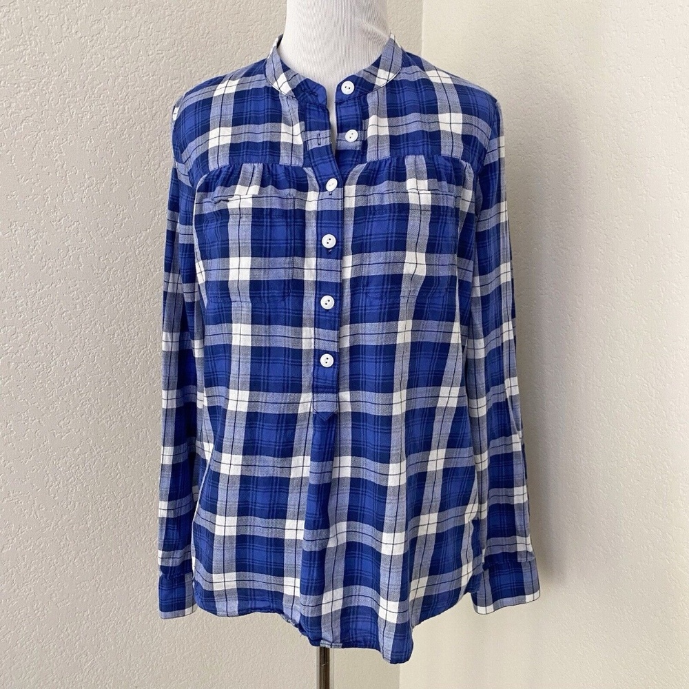 Madewell Popover Blouse Top Size Small Blue Plaid Long Sleeves